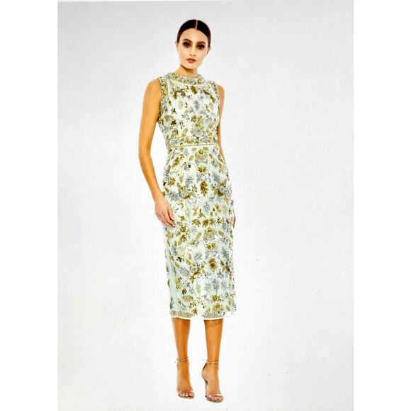 Mac Duggal Embellished High Neck Sleeveless Sheath Midi Dress Sage 14 - Picture 1 of 8